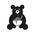 Bear with a cup of noodles in his hands. Bear logo with a cup of noodles with a pair of chopsticks. Royalty Free Stock Photo